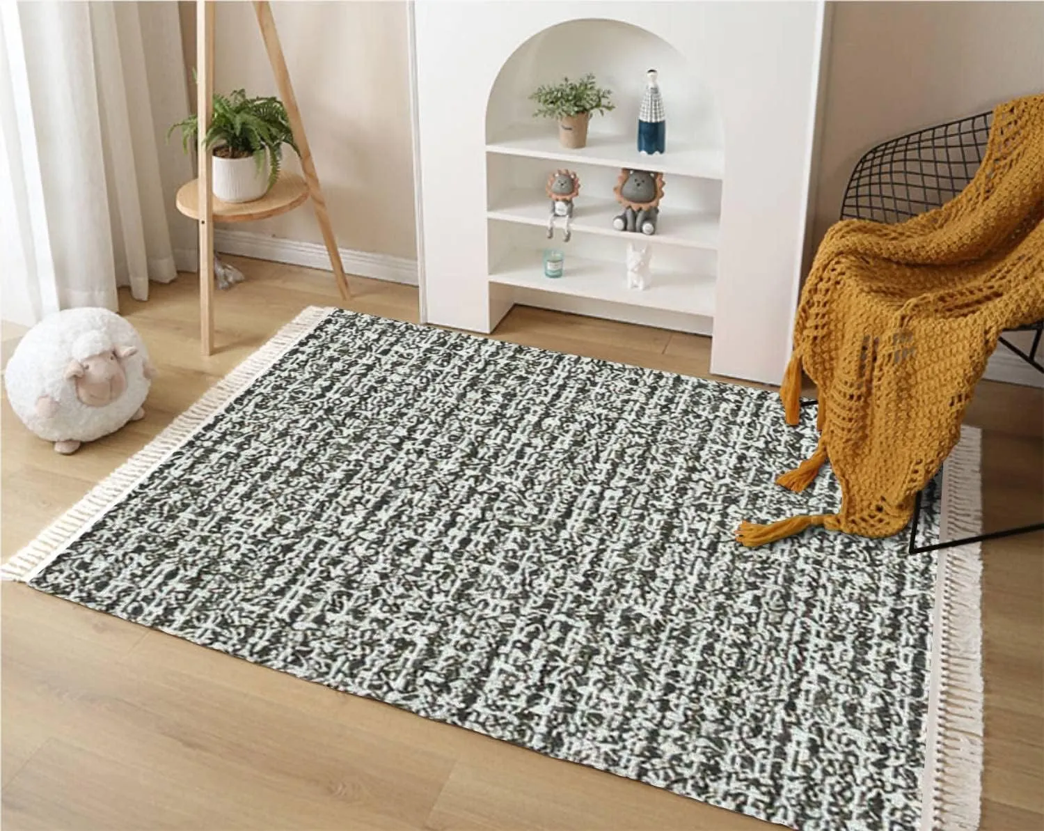 Tassels Area Rug Boucle Textured Subtle Striped Cotton Linen Throw Rug Washable Woven Carpet Runner Rug Mat Home Decor for Bathroom Laundry Bedroom Kitchen