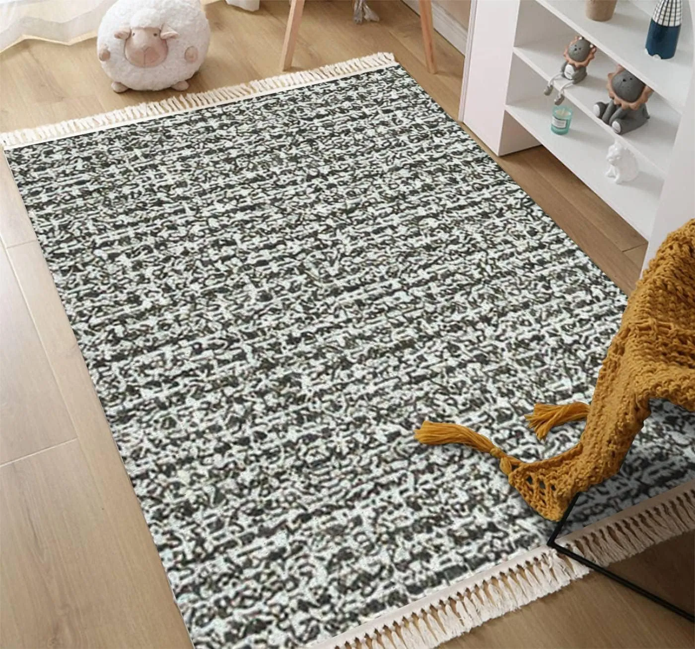 Tassels Area Rug Boucle Textured Subtle Striped Cotton Linen Throw Rug Washable Woven Carpet Runner Rug Mat Home Decor for Bathroom Laundry Bedroom Kitchen