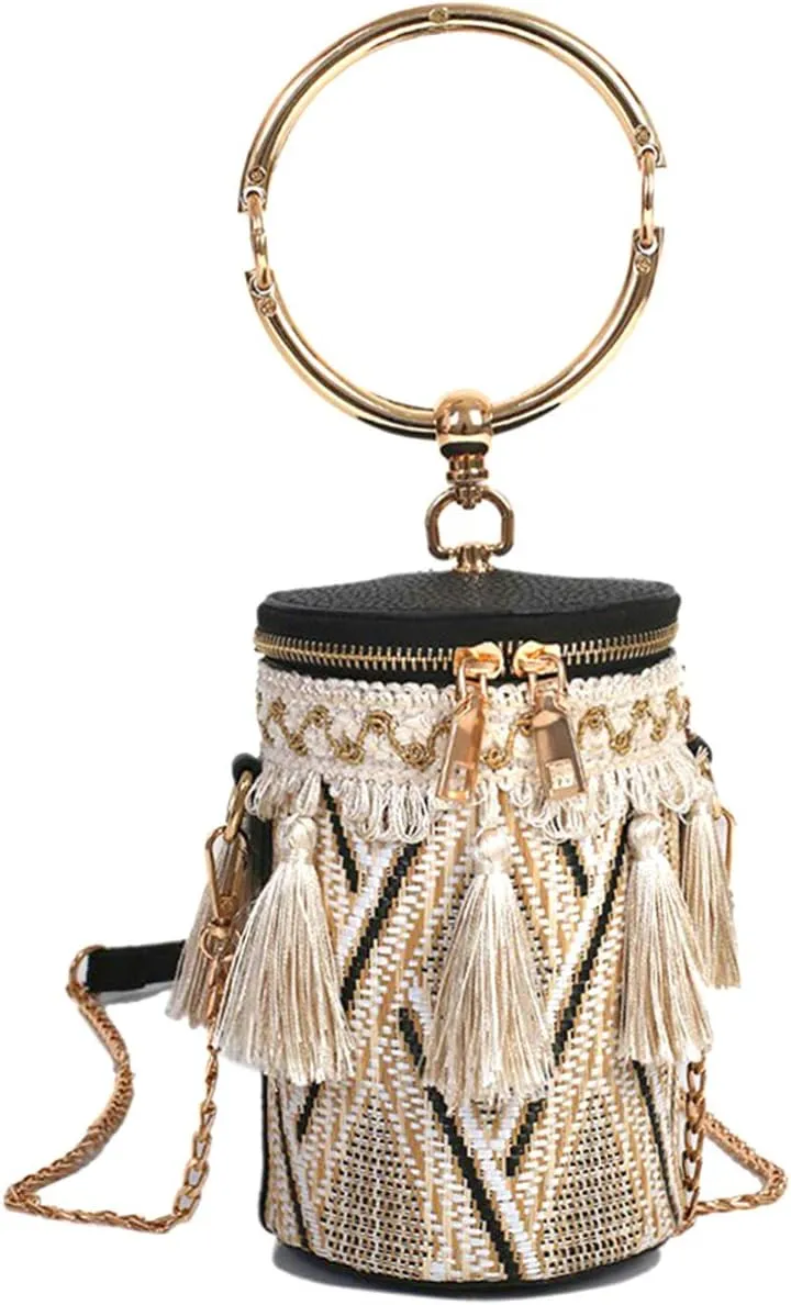 Tassels Woven Bucket Bag, Crossbody Bag for Women, Fashion Handbag and Purses, Bag with Chain Strap