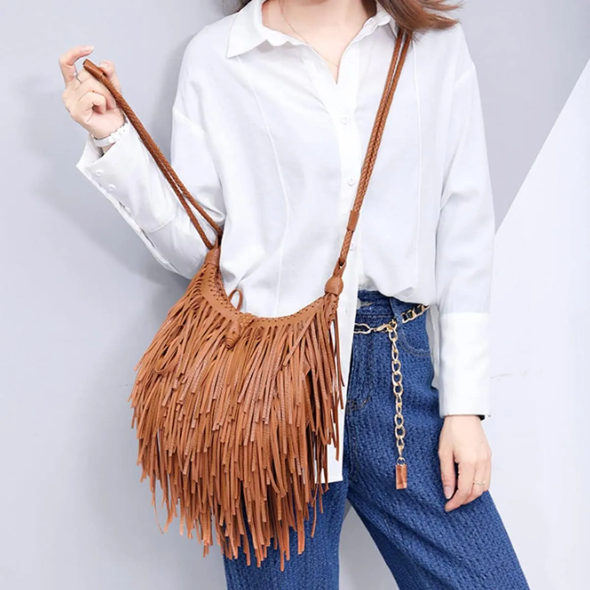 Tassle Shoulder Bags for Women PU Leather Handbag Bohemia Satchel Zipper Crossbody Bag Purse Black