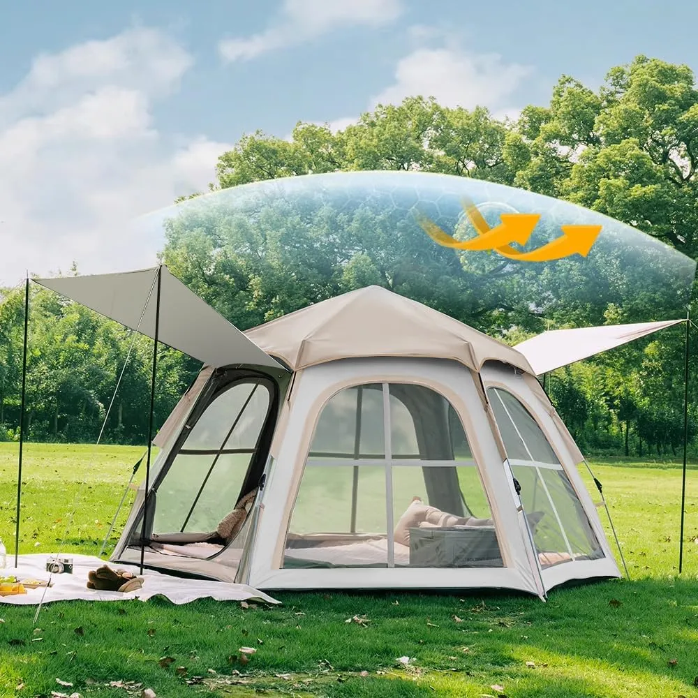 Tents for Camping 2 Mesh Windows 4 Person Tent Instant Tent 2 Doors Family Tents for Camping Hexagonal Design Waterproof Tent Hiking Tent Easy Set Up Cabin Tents for Camping, Beige