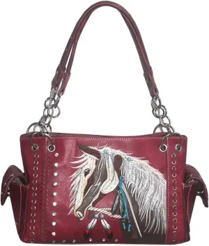 Texas West Western Dales Pony Horse White Mane Embroidery Feather Conceal Carry Women Handbag Purse in 5 colors