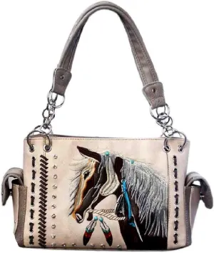 Texas West Western Dales Pony Horse White Mane Embroidery Feather Conceal Carry Women Handbag Purse in 5 colors