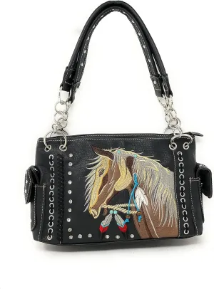 Texas West Western Dales Pony Horse White Mane Embroidery Feather Conceal Carry Women Handbag Purse in 5 colors