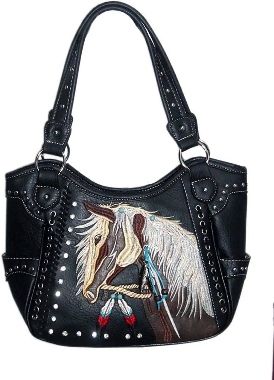 Texas West Western Pony Horse White Mane Embroidery Feather Conceal Carry Women Handbag Purse in 6 colors