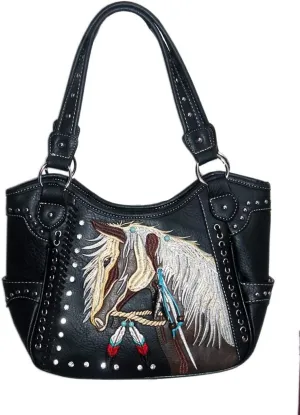 Texas West Western Pony Horse White Mane Embroidery Feather Conceal Carry Women Handbag Purse in 6 colors