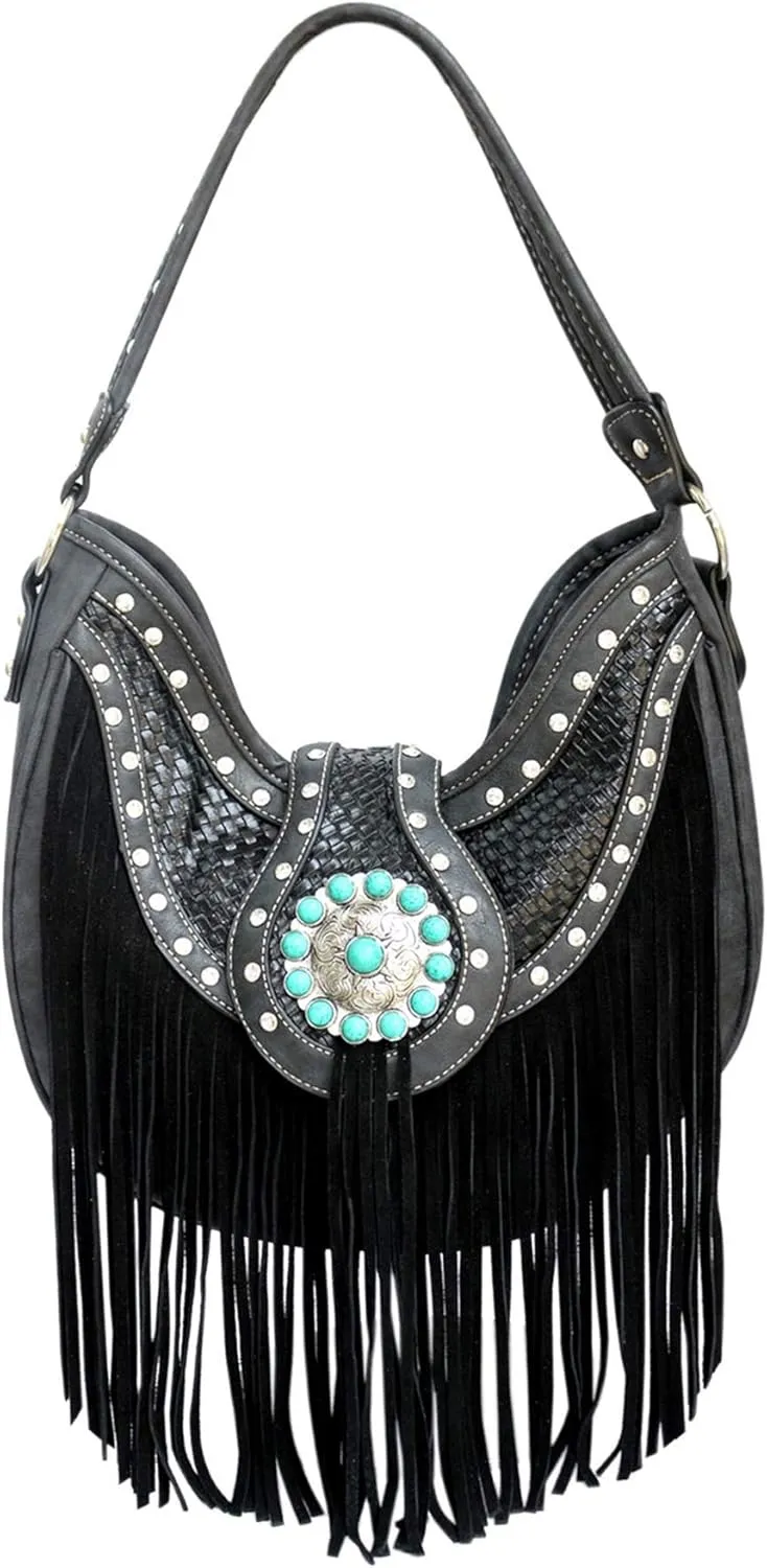 Texas West Western Style Rhinestone Concho Buckle Basketweave Concealed Carry Purse Women Shoulder Bag in 4 colors