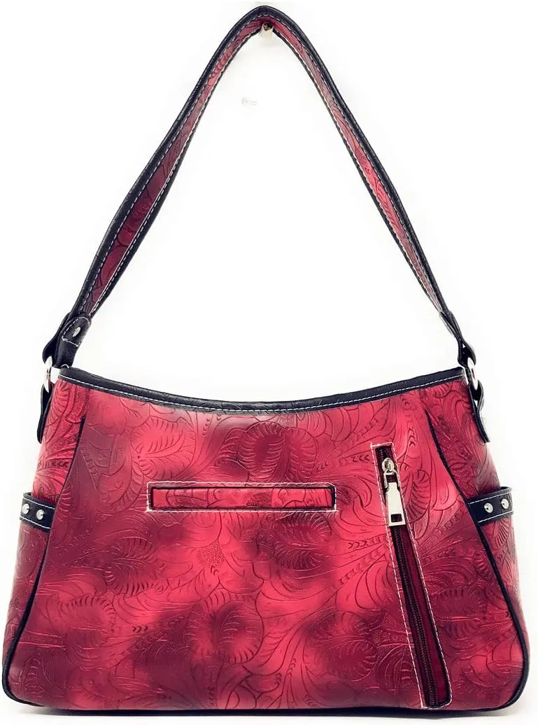 Texas West Western Tooled Leather Laser Cut Concealed Carry Feather Country Shoulder Handbag in 4 colors