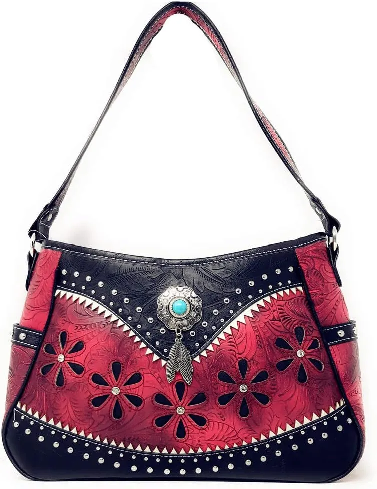 Texas West Western Tooled Leather Laser Cut Concealed Carry Feather Country Shoulder Handbag in 4 colors