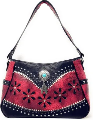 Texas West Western Tooled Leather Laser Cut Concealed Carry Feather Country Shoulder Handbag in 4 colors