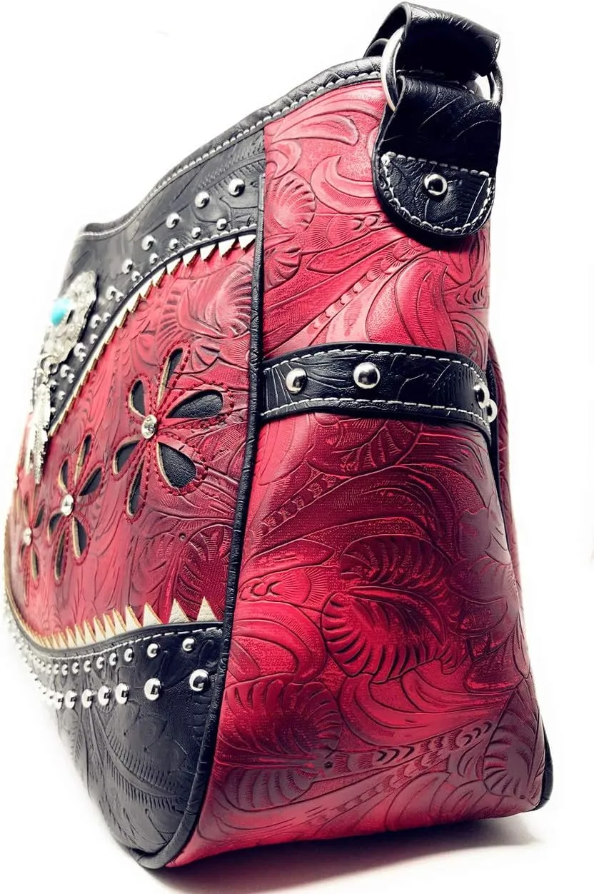 Texas West Western Tooled Leather Laser Cut Concealed Carry Feather Country Shoulder Handbag in 4 colors