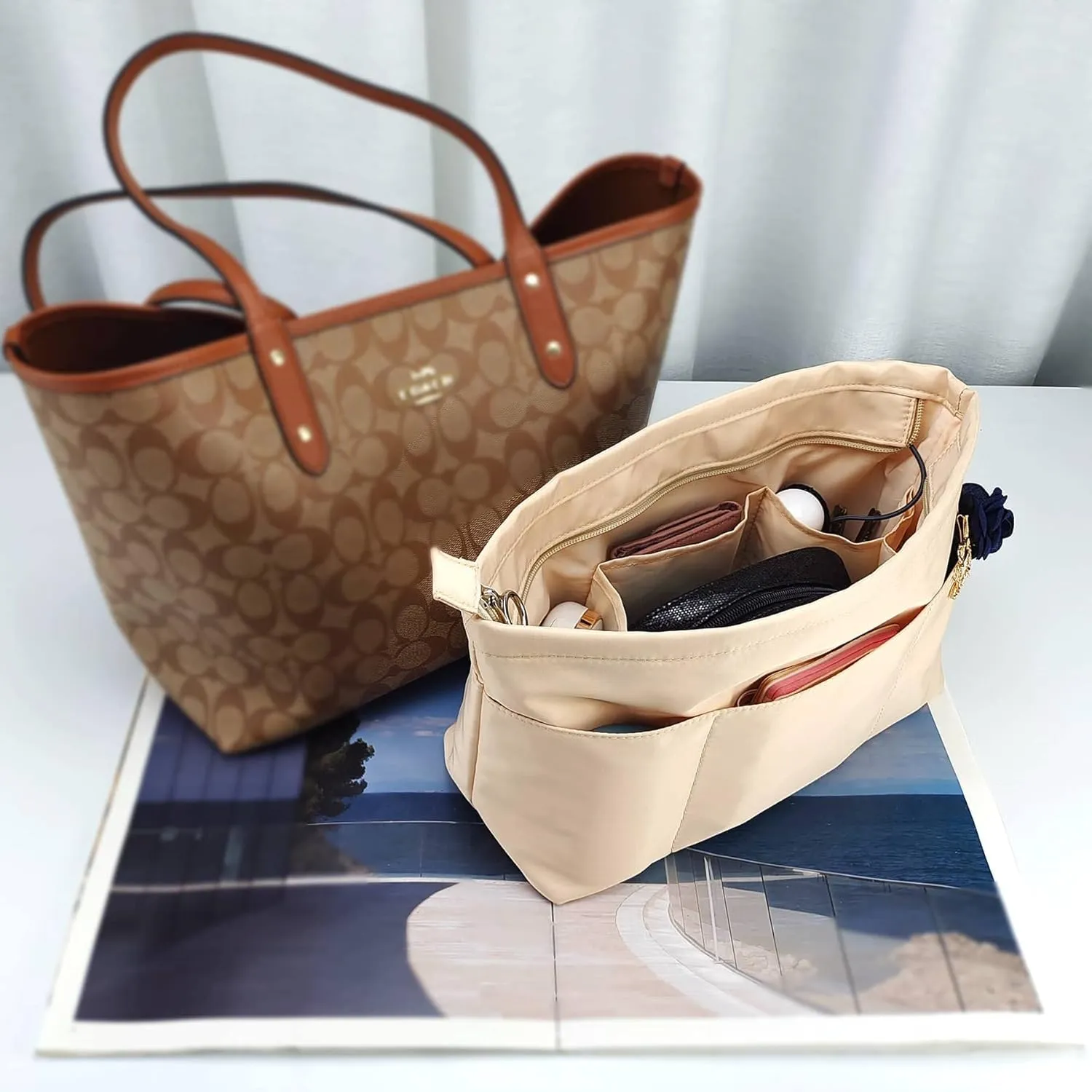 Time Wing Purse Organizer Insert Tote Handbag Organizer Divider Bag in Bag Shaper Liner Multi Pockets Compartments Zippers Key Chain X Large Beige