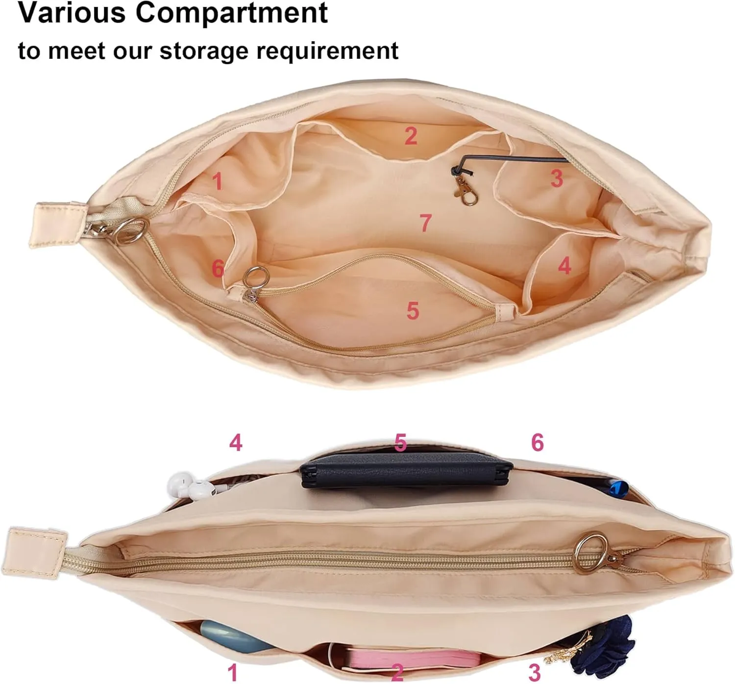Time Wing Purse Organizer Insert Tote Handbag Organizer Divider Bag in Bag Shaper Liner Multi Pockets Compartments Zippers Key Chain X Large Beige