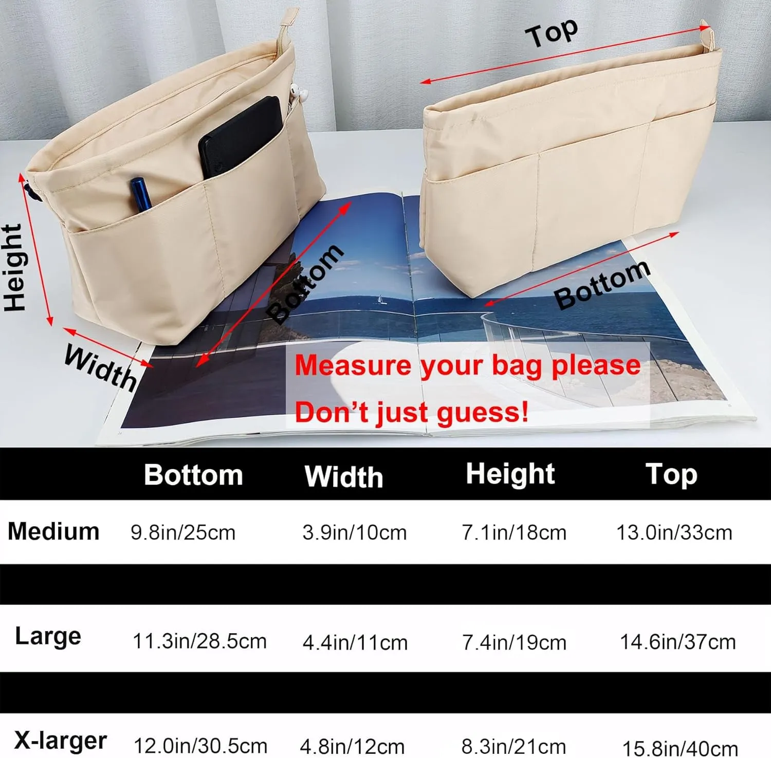 Time Wing Purse Organizer Insert Tote Handbag Organizer Divider Bag in Bag Shaper Liner Multi Pockets Compartments Zippers Key Chain X Large Beige