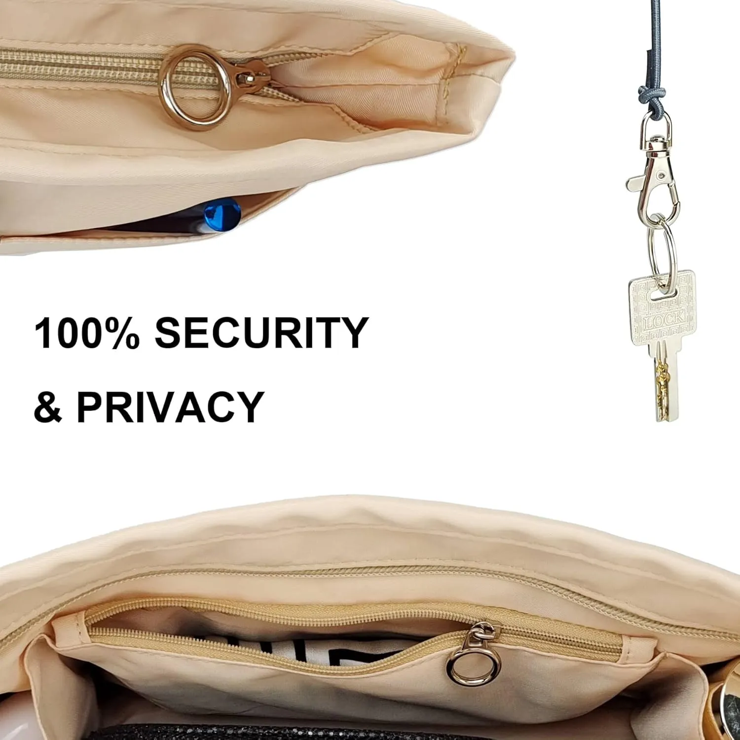 Time Wing Purse Organizer Insert Tote Handbag Organizer Divider Bag in Bag Shaper Liner Multi Pockets Compartments Zippers Key Chain X Large Beige