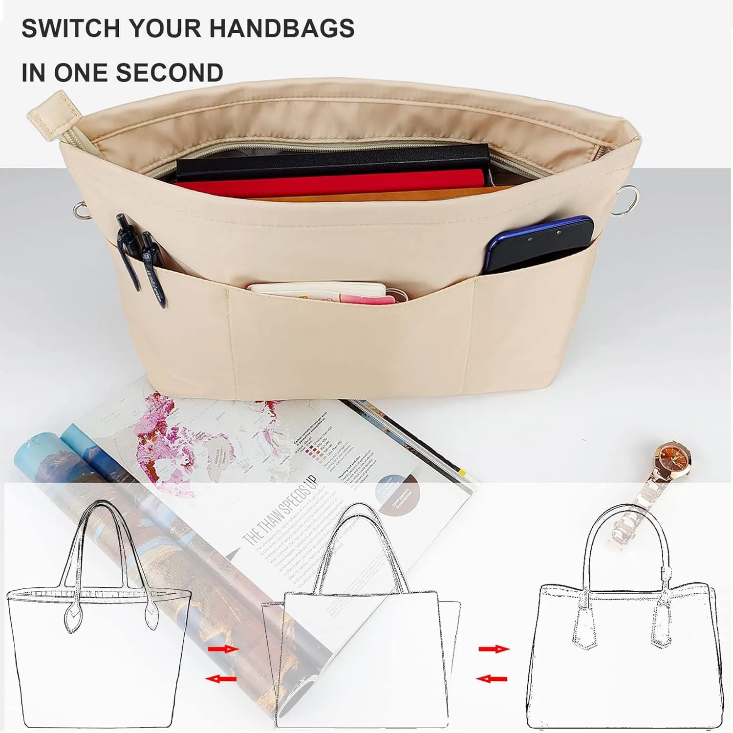 Time Wing Purse Organizer Insert Tote Handbag Organizer Divider Bag in Bag Shaper Liner Multi Pockets Compartments Zippers Key Chain X Large Beige
