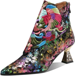 TinaCus Women's Pointed Toe Floral Suede Leather with Handmade Embroidery Mid Heels Zip Up Ankle Boots