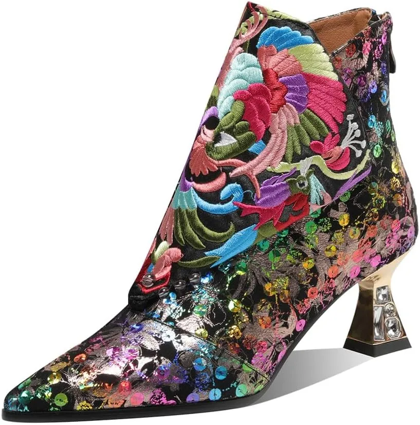 TinaCus Women's Pointed Toe Floral Suede Leather with Handmade Embroidery Mid Heels Zip Up Ankle Boots