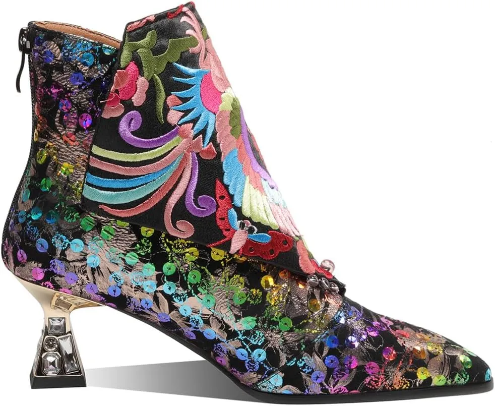 TinaCus Women's Pointed Toe Floral Suede Leather with Handmade Embroidery Mid Heels Zip Up Ankle Boots