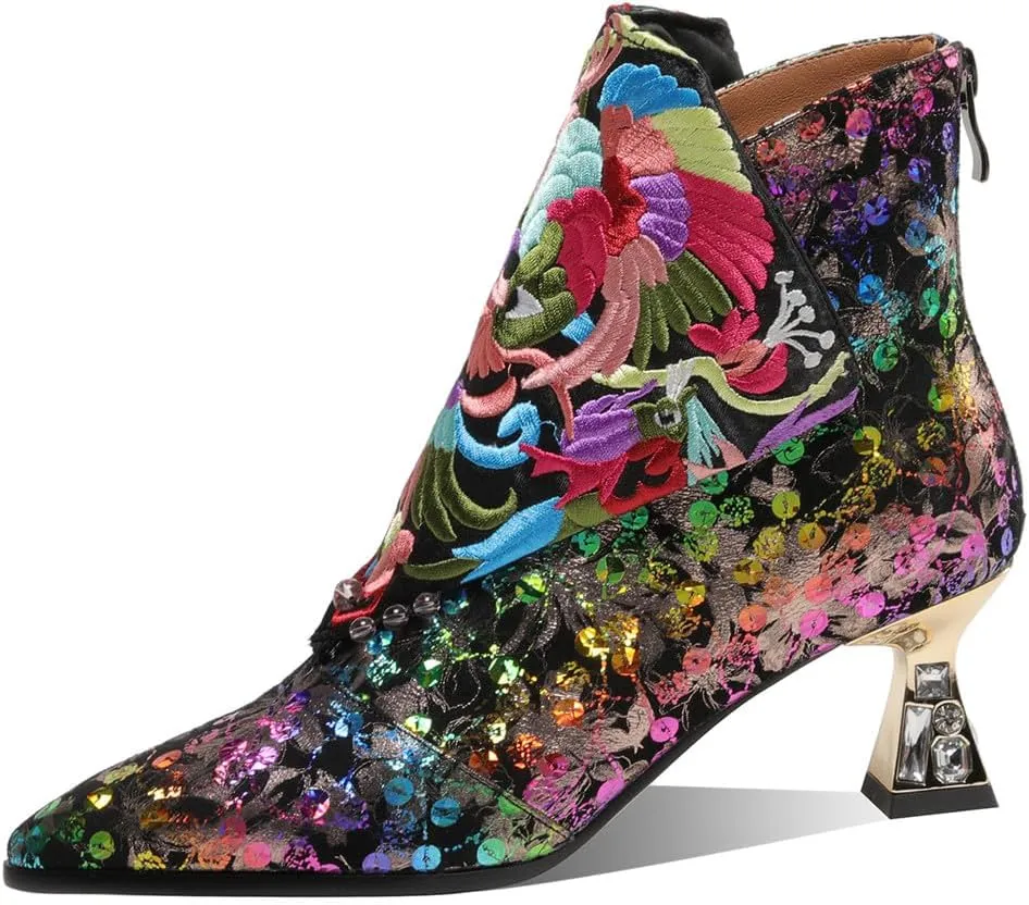 TinaCus Women's Pointed Toe Floral Suede Leather with Handmade Embroidery Mid Heels Zip Up Ankle Boots