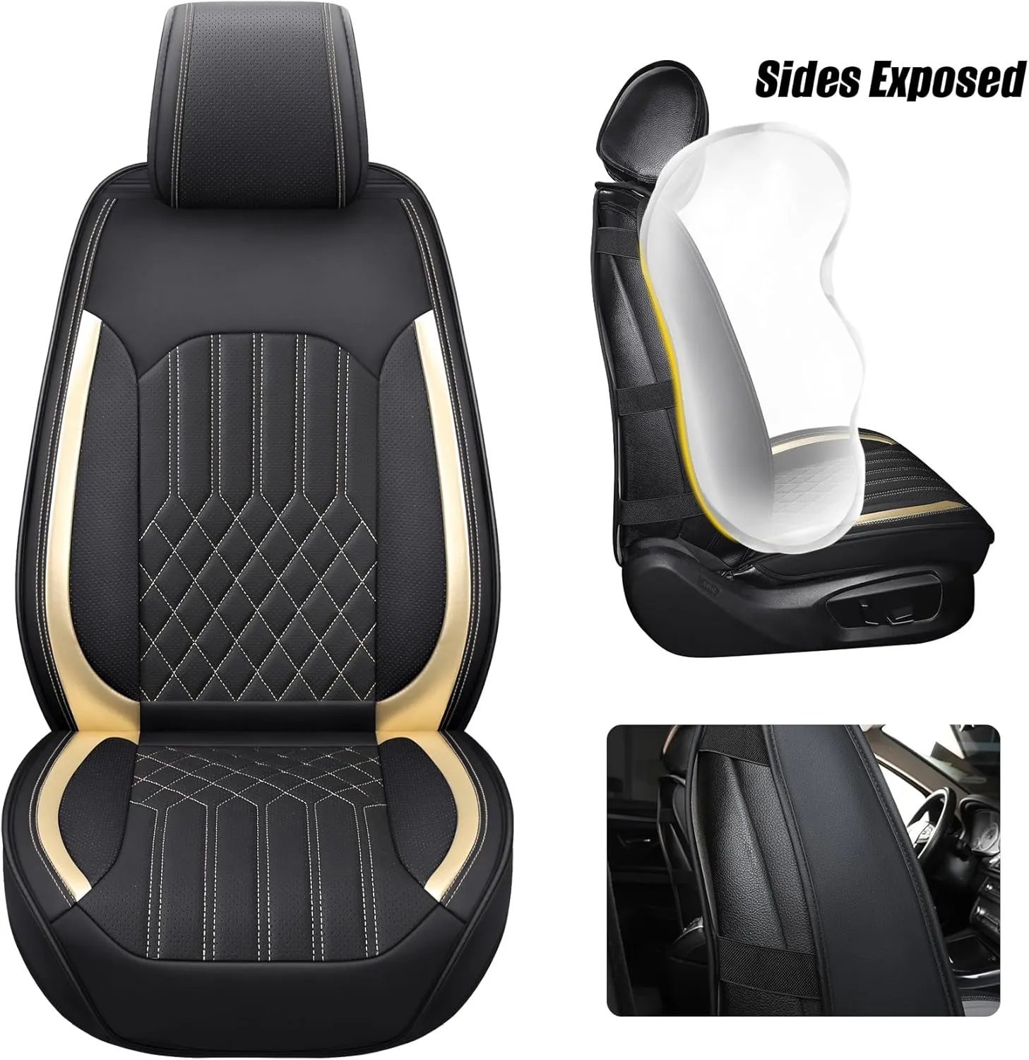 Tomatoman Leather Car Seat Covers Compatible with Infiniti FX50 Waterproof Dustproof Easy Clean Safety Airbag(Full Set/Black Gold)