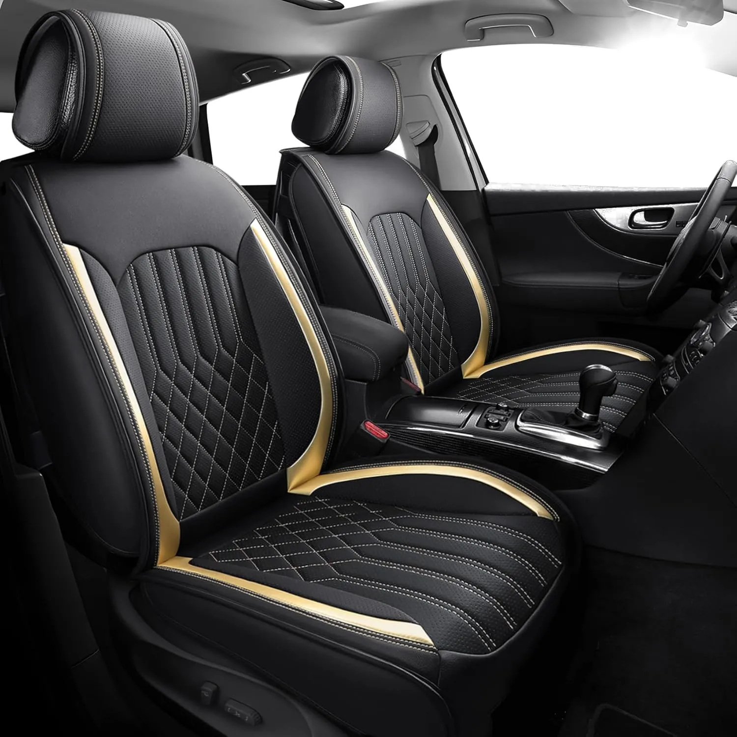 Tomatoman Leather Car Seat Covers Compatible with Infiniti FX50 Waterproof Dustproof Easy Clean Safety Airbag(Full Set/Black Gold)