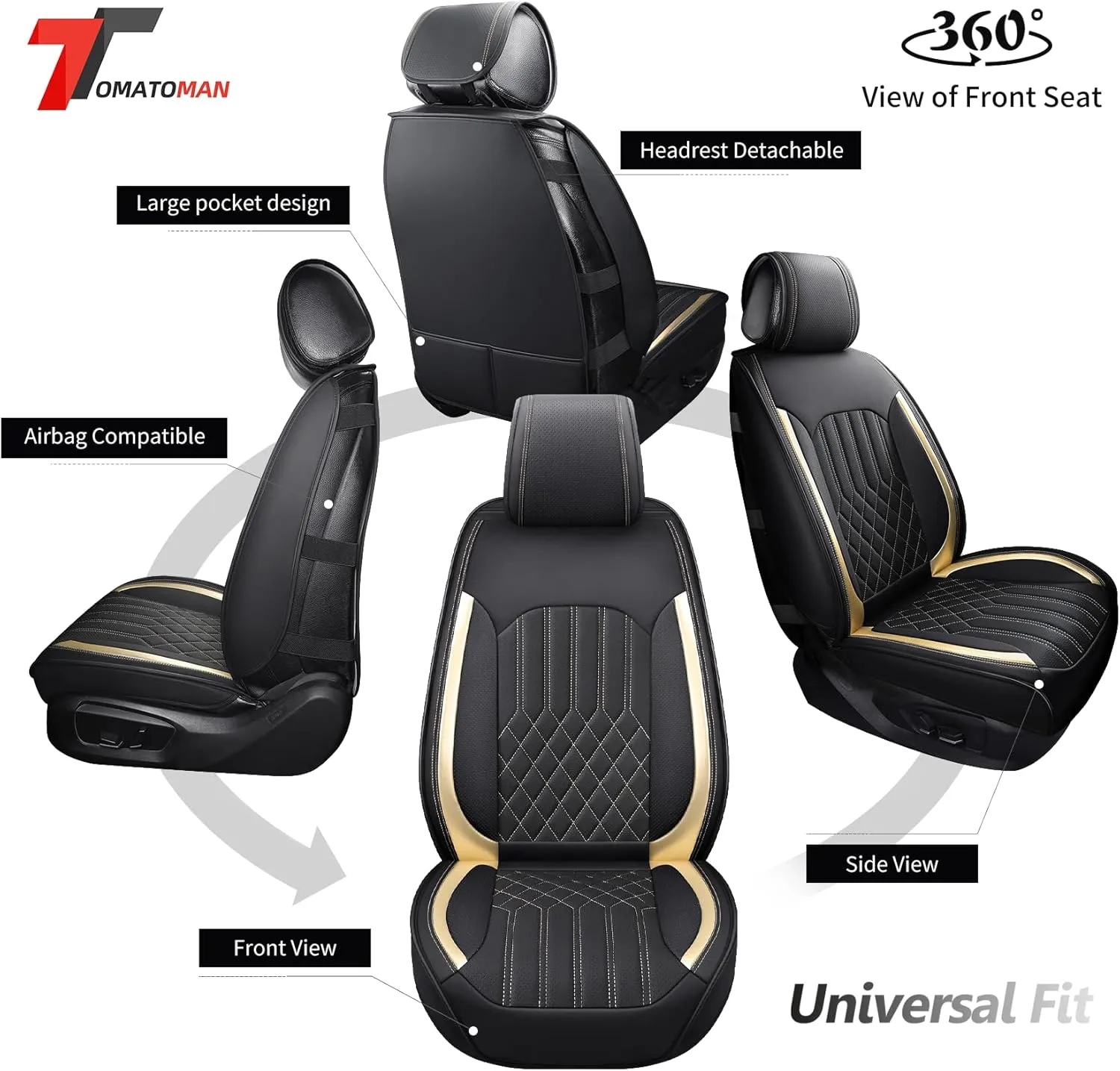 Tomatoman Leather Car Seat Covers Compatible with Infiniti FX50 Waterproof Dustproof Easy Clean Safety Airbag(Full Set/Black Gold)