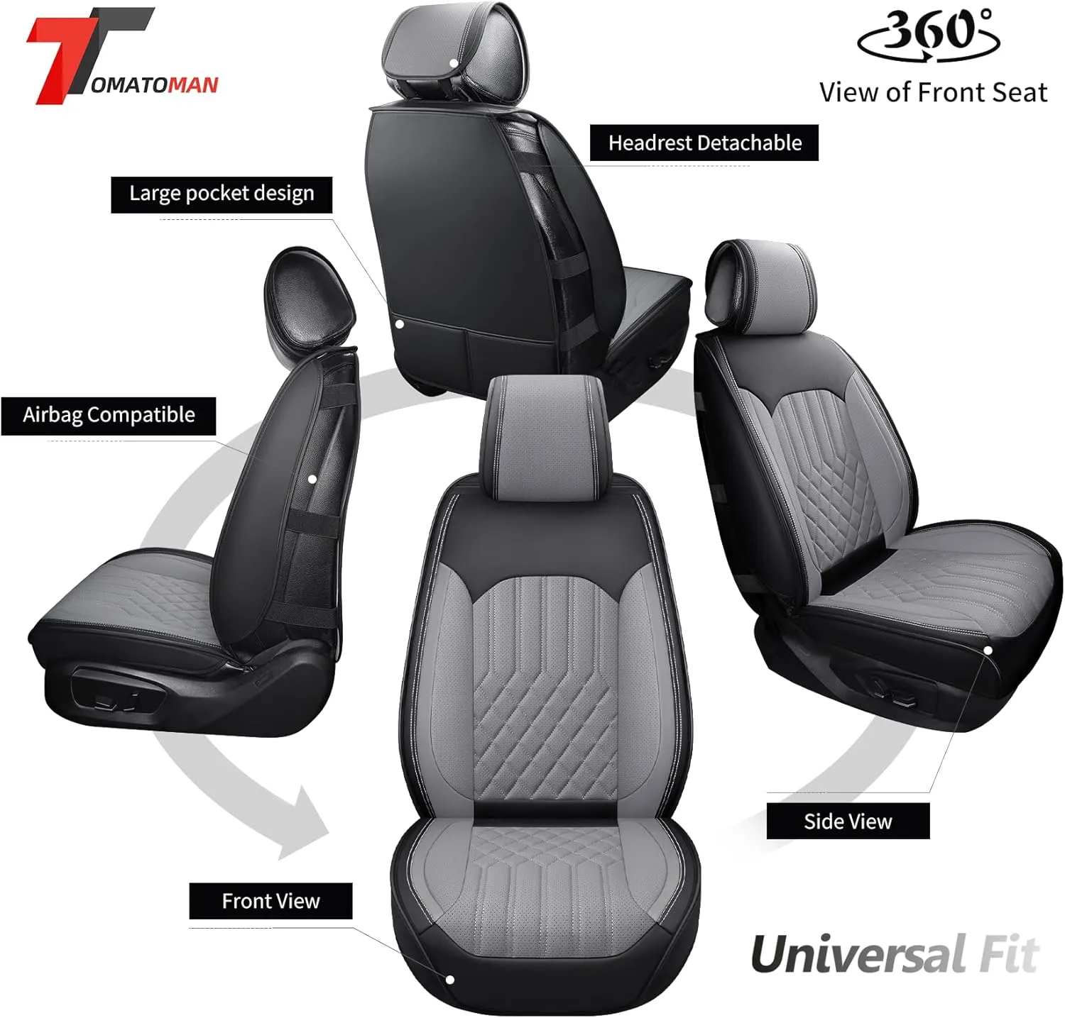 Tomatoman Synthetic Leather Car Seat Covers Compatible with Infiniti QX70 Waterproof Dustproof Easy Cleaning Safety Airbag(Full Set/Black Grey)