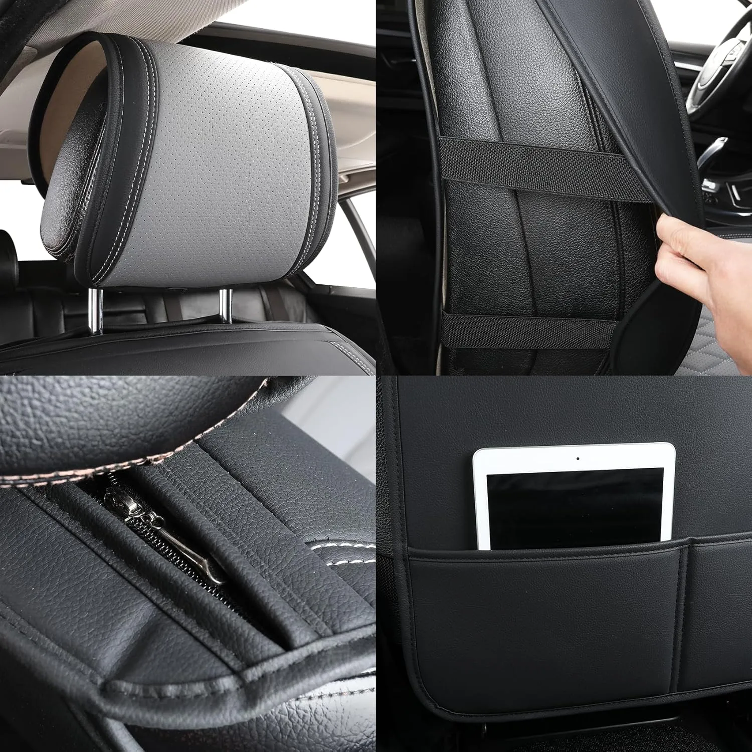 Tomatoman Synthetic Leather Car Seat Covers Compatible with Infiniti QX70 Waterproof Dustproof Easy Cleaning Safety Airbag(Full Set/Black Grey)