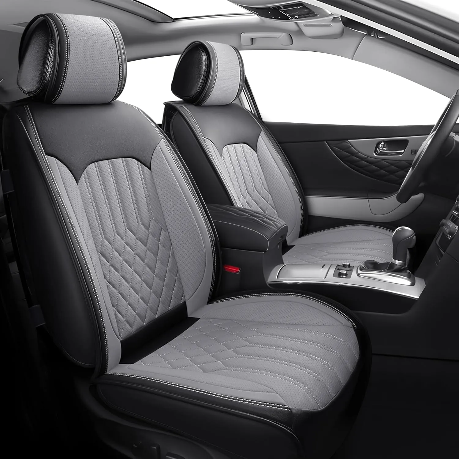 Tomatoman Synthetic Leather Car Seat Covers Compatible with Infiniti QX70 Waterproof Dustproof Easy Cleaning Safety Airbag(Full Set/Black Grey)