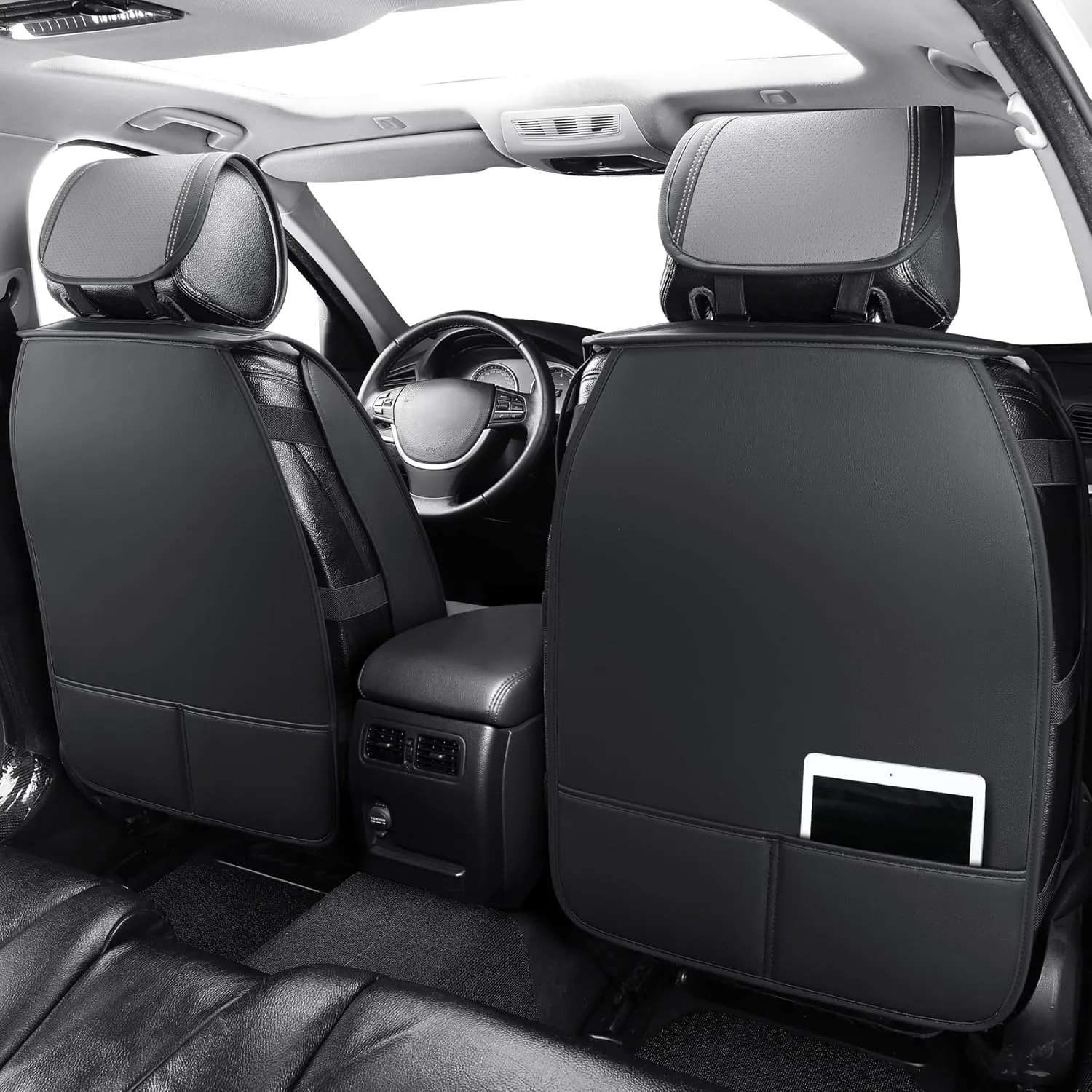Tomatoman Synthetic Leather Car Seat Covers Compatible with Infiniti QX70 Waterproof Dustproof Easy Cleaning Safety Airbag(Full Set/Black Grey)