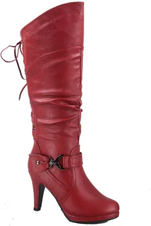 TOP Moda Womens Page-65 Knee High Round Toe Lace-Up Slouched High Heel Boots