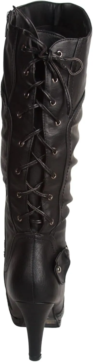 TOP Moda Womens Page-65 Knee High Round Toe Lace-Up Slouched High Heel Boots