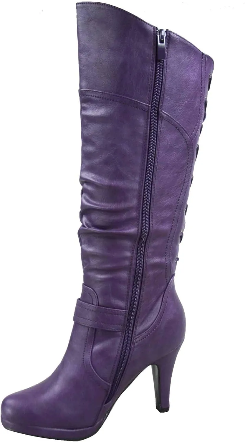 TOP Moda Womens Page-65 Knee High Round Toe Lace-Up Slouched High Heel Boots