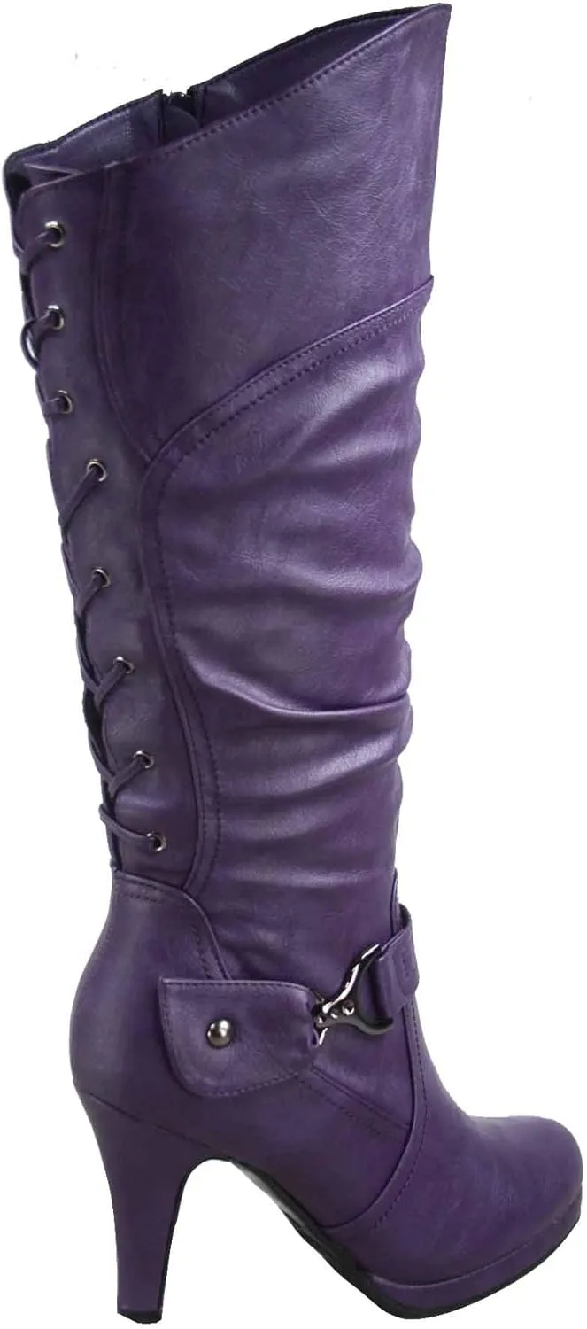 TOP Moda Womens Page-65 Knee High Round Toe Lace-Up Slouched High Heel Boots