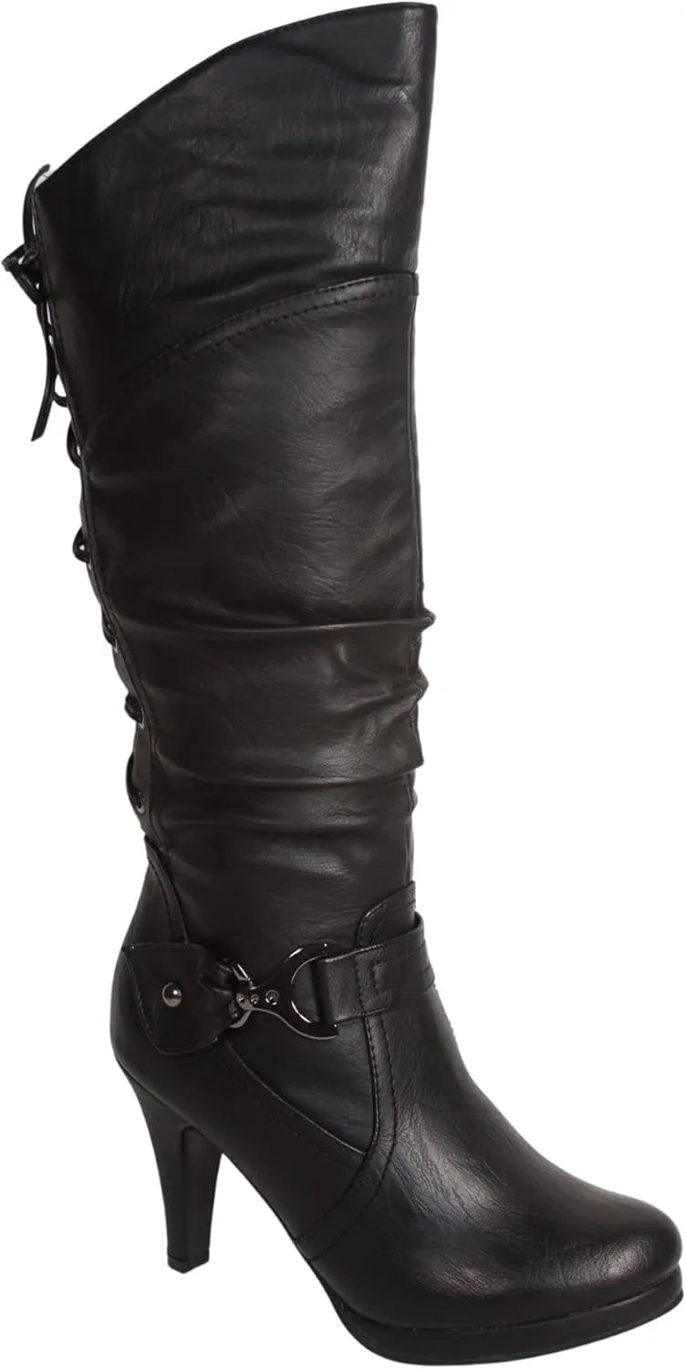 TOP Moda Womens Page-65 Knee High Round Toe Lace-Up Slouched High Heel Boots