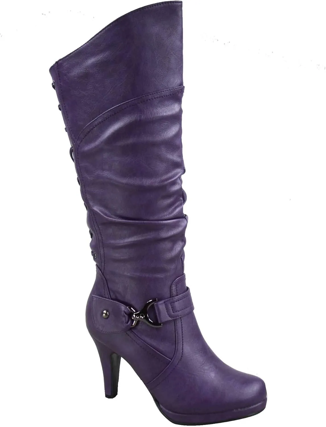 TOP Moda Womens Page-65 Knee High Round Toe Lace-Up Slouched High Heel Boots