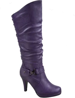 TOP Moda Womens Page-65 Knee High Round Toe Lace-Up Slouched High Heel Boots