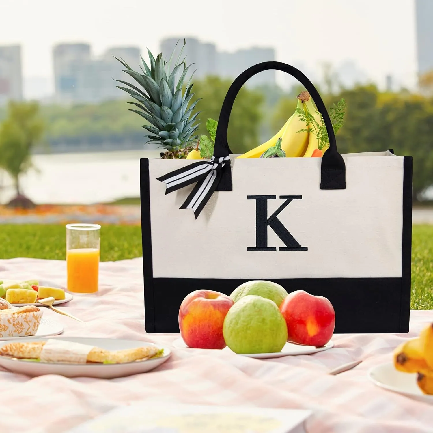 TOPDesign Embroidery Initial Canvas Tote Bag, Personalized Present Suitable for Wedding, Birthday, Beach, Holiday, is a Great Gift Women, Mom, Teachers, Friends, Bridesmaids (Letter K)