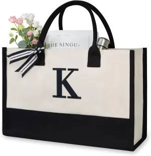 TOPDesign Embroidery Initial Canvas Tote Bag, Personalized Present Suitable for Wedding, Birthday, Beach, Holiday, is a Great Gift Women, Mom, Teachers, Friends, Bridesmaids (Letter K)