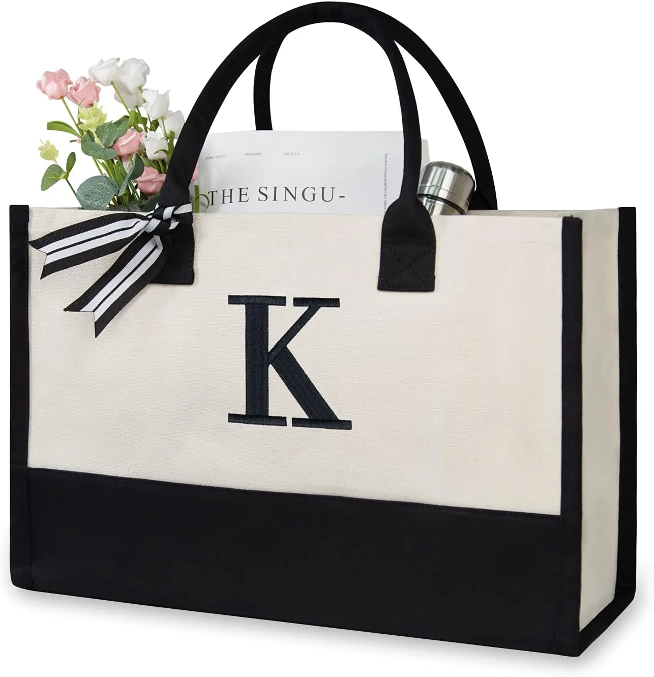 TOPDesign Embroidery Initial Canvas Tote Bag, Personalized Present Suitable for Wedding, Birthday, Beach, Holiday, is a Great Gift Women, Mom, Teachers, Friends, Bridesmaids (Letter K)