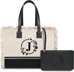 TOPDesign Initial Canvas Tote Bag for Women, Personalized Birthday Gift, Casual Tassel Handbag with Wristlet Clutch