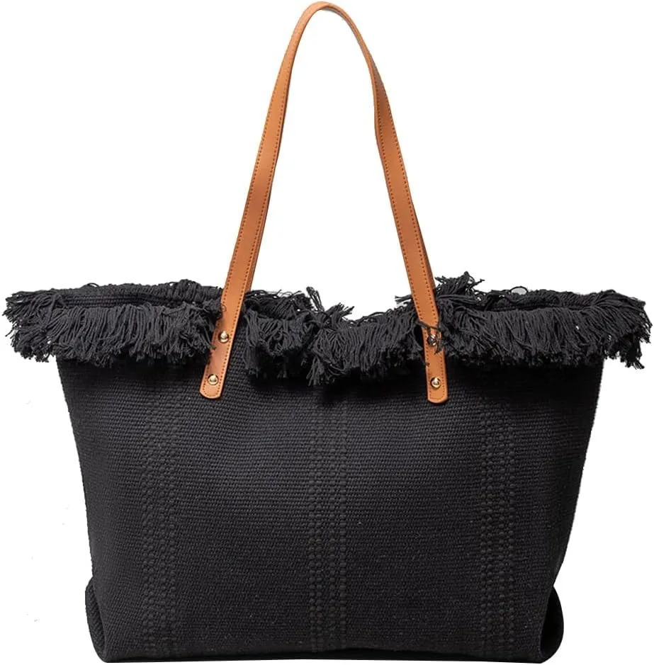 Tote Bag for Women Cute Canvas Shoulder Bag Summer Vibe Beach Bag Casual Handbag Bohemian Hobo Bag with Tassels