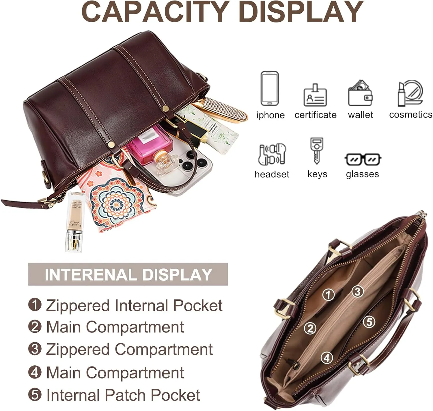 Tote Bag for Women, Genuine Leather Crossbody Handbag Purse, Satchel Designer Shoulder with 2 Shoulder Straps