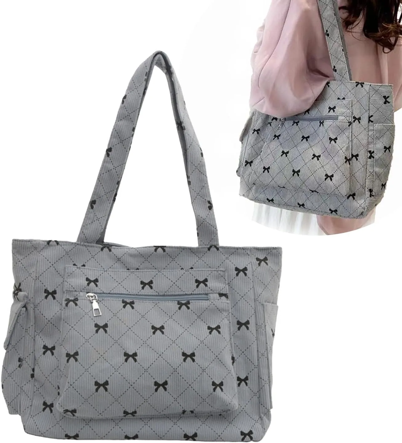 Tote Brown Bag Cute Bow with Multi Pockets Shopping Travel Women Large Shoulder Purse Handbag Slouchy Hobo Bag