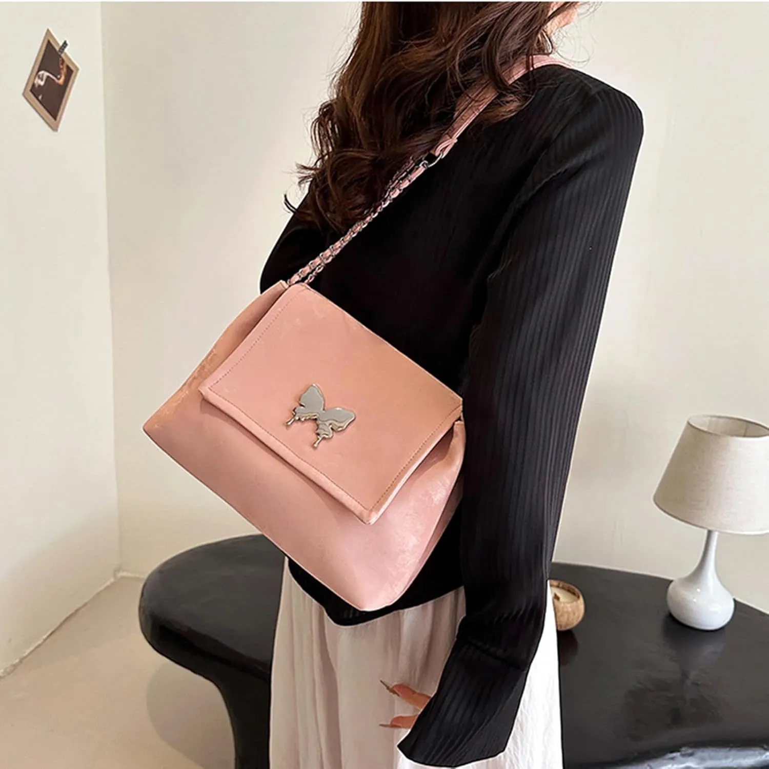 Trendy Hobo Shoulder Bags for Women Butterfly PU Leather Purses and Handbags Ladies Top-Handle Bags with Chain
