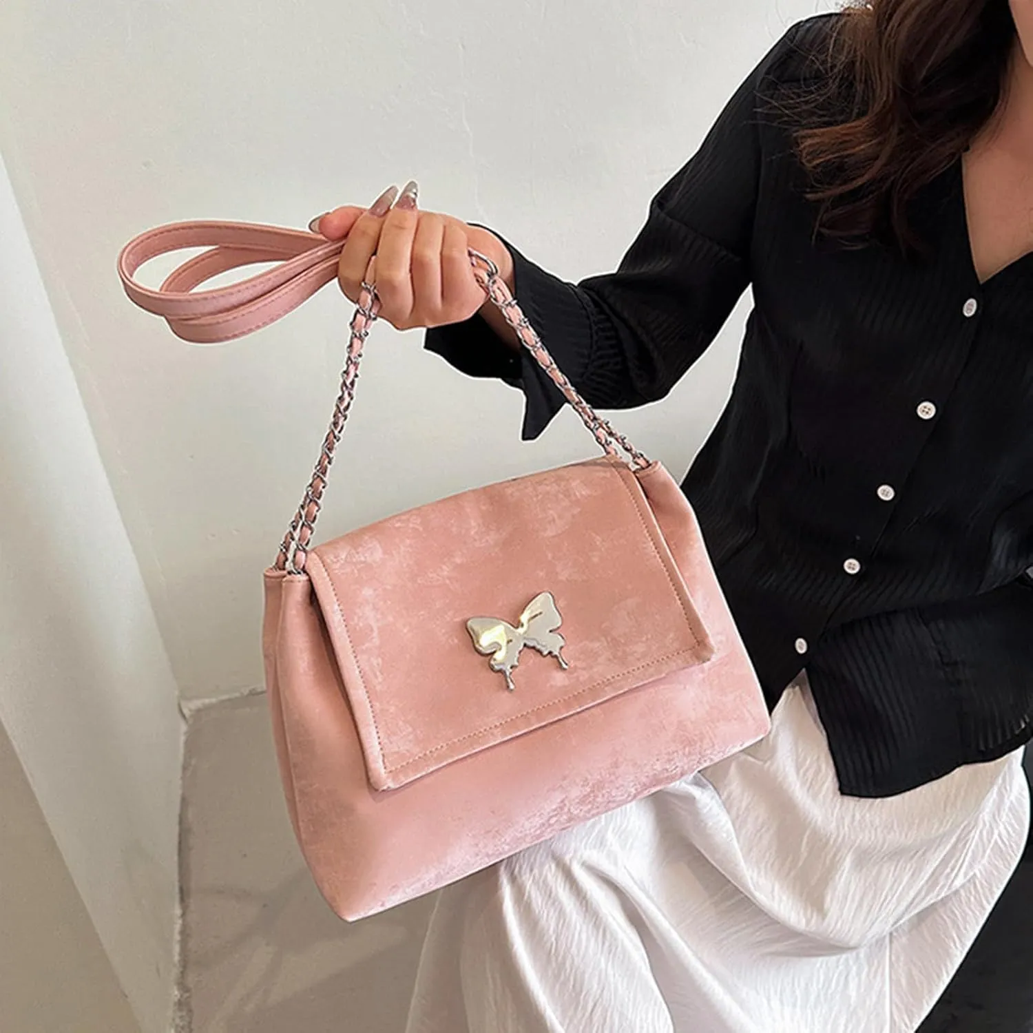 Trendy Hobo Shoulder Bags for Women Butterfly PU Leather Purses and Handbags Ladies Top-Handle Bags with Chain