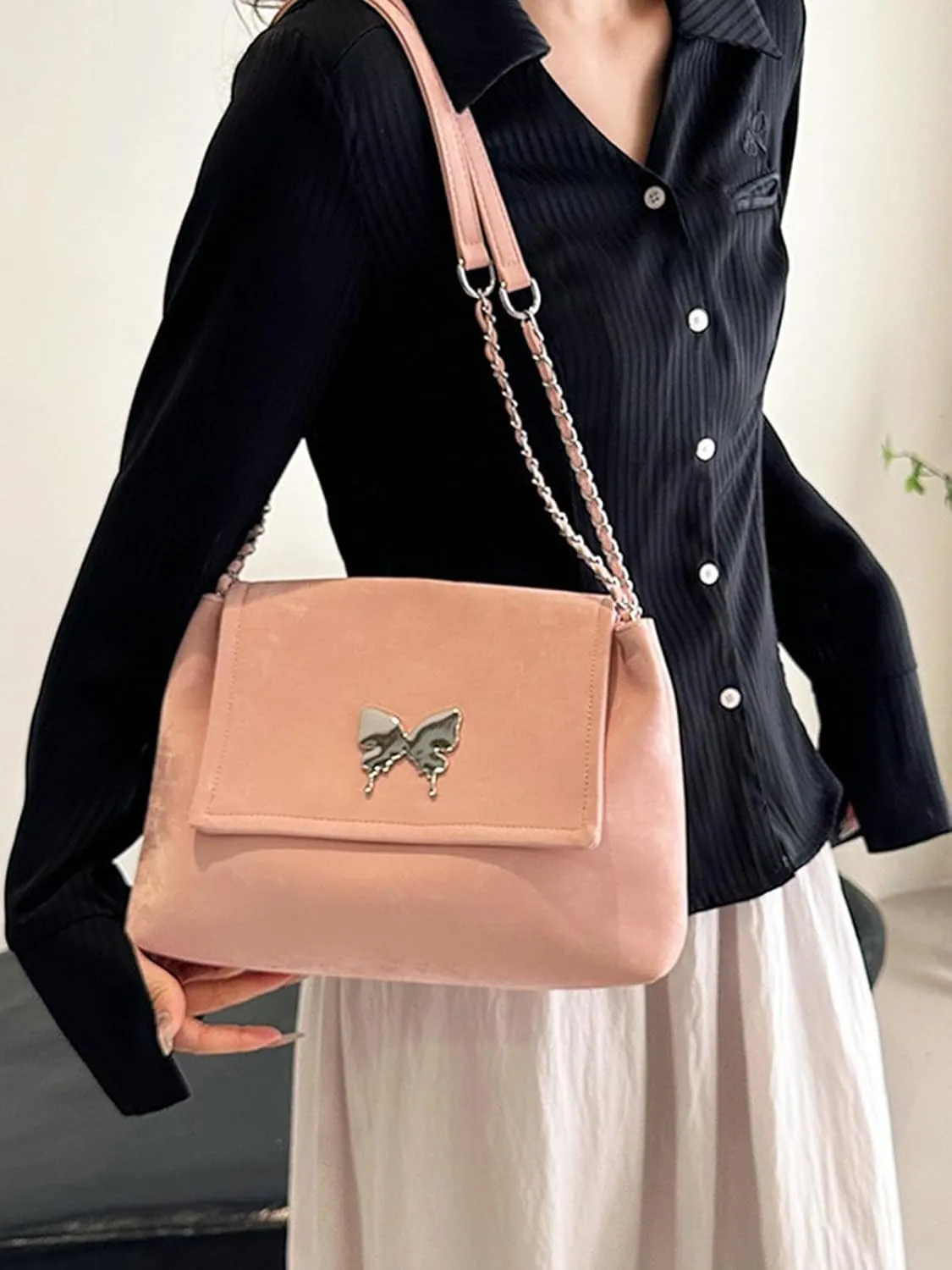 Trendy Hobo Shoulder Bags for Women Butterfly PU Leather Purses and Handbags Ladies Top-Handle Bags with Chain