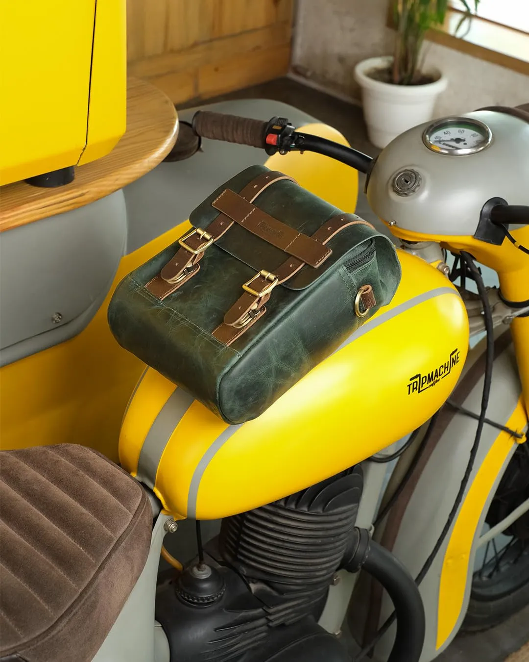 Trip Machine Company Genuine Leather Motorcycle Magnetic Fuel Tank & Tail Pillion Seat Mount Bag With Shoulder Strap And Rain Cover (Tank Bag, Forest Green)