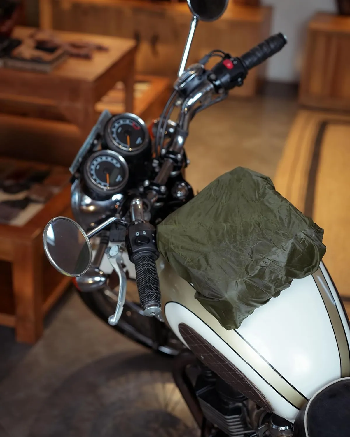 Trip Machine Company Genuine Leather Motorcycle Magnetic Fuel Tank & Tail Pillion Seat Mount Bag With Shoulder Strap And Rain Cover (Tank Bag, Forest Green)